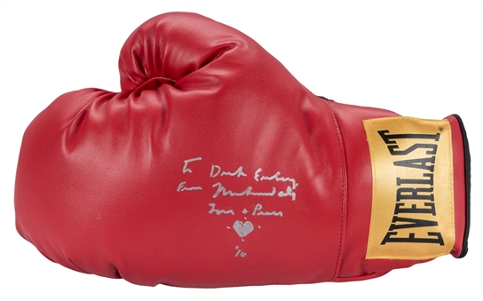 Muhammad Ali Signed & Inscribed Red Everlast Boxing Glove From Dick Enberg Collection (Letter of Provenance & JSA)